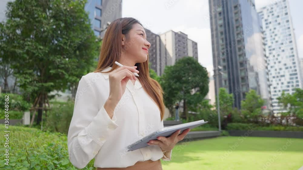 Asian young businesswoman using digital tablet while standing in the city. Asian young businesswoman using digital tablet while standing in the city.