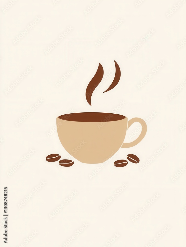 Obraz premium Minimalist coffee cup design featuring steam and scattered coffee beans in warm tones