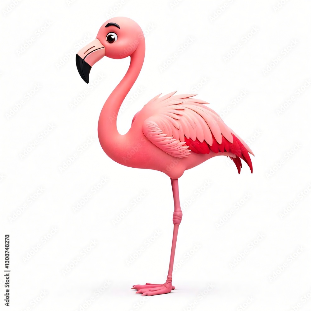 Fototapeta premium Adorable Pink Flamingo Cartoon Character 3D Render White Background Tropical Bird Summer