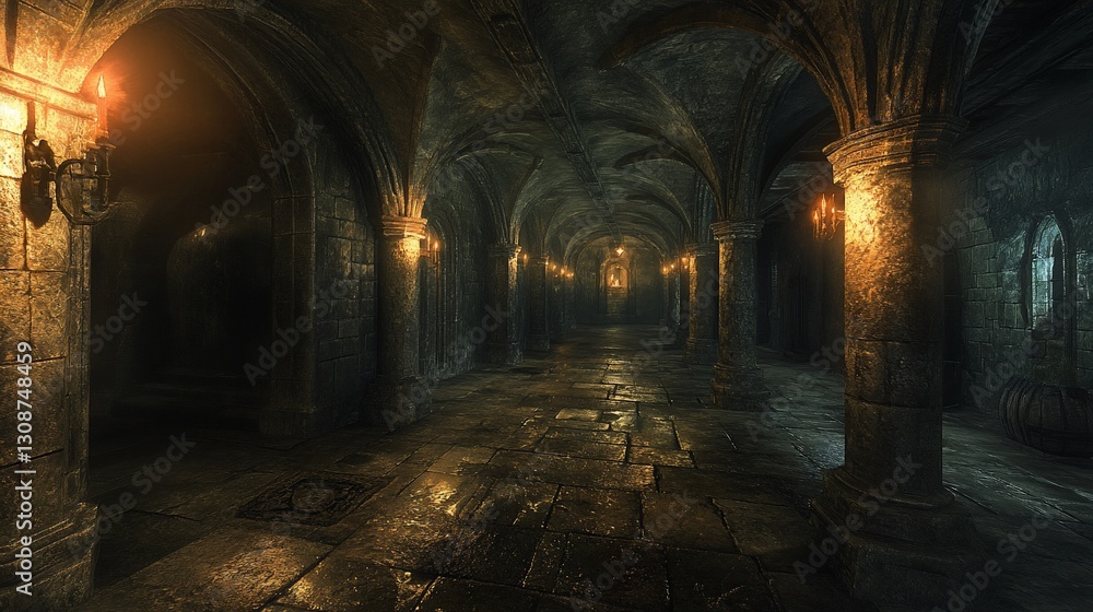 Fototapeta premium Dark castle crypt corridor, candlelight, stone walls, game background