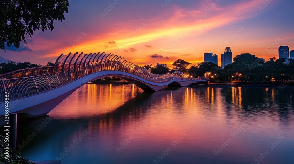 Naklejka premium Serene sunset over a city park with a modern bridge over a lake. Vibrant colors paint the sky and water.