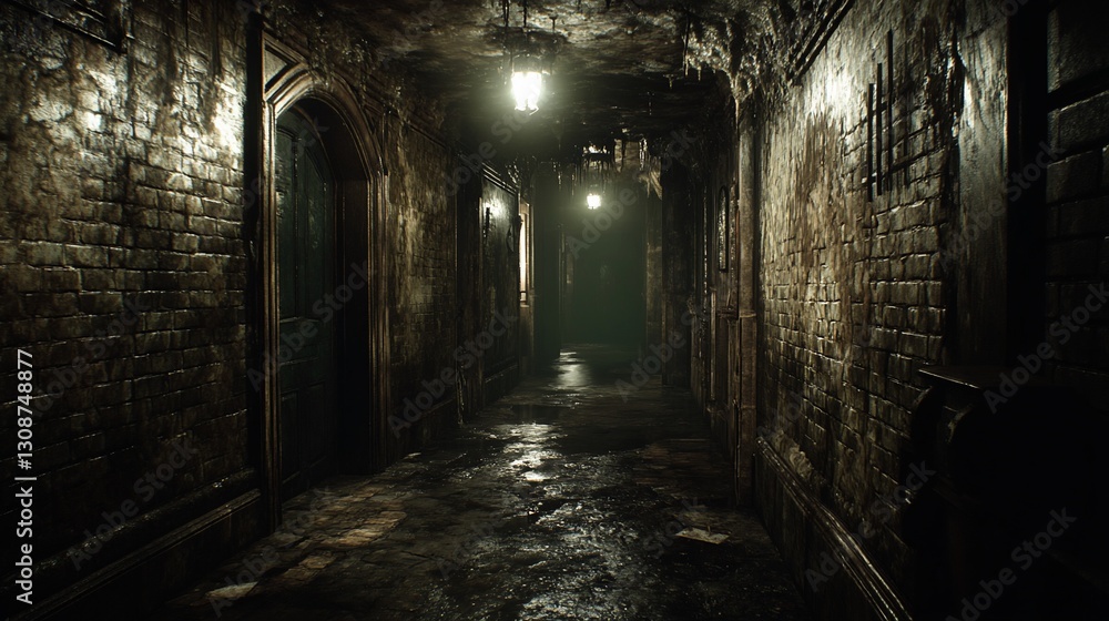 Fototapeta premium Dark, damp corridor; decaying building; horror game scene