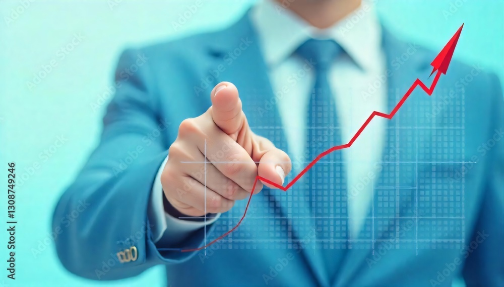 Businessman pointing at upward trending graph indicating growth and success financial success Businessman pointing at upward trending graph indicating growth and success financial success