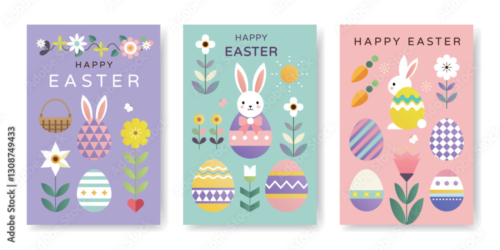 Happy Easter geometric background, Easter card, banner design with bunny, eggs, plants, flowers Happy Easter geometric background, Easter card, banner design with bunny, eggs, plants, flowers