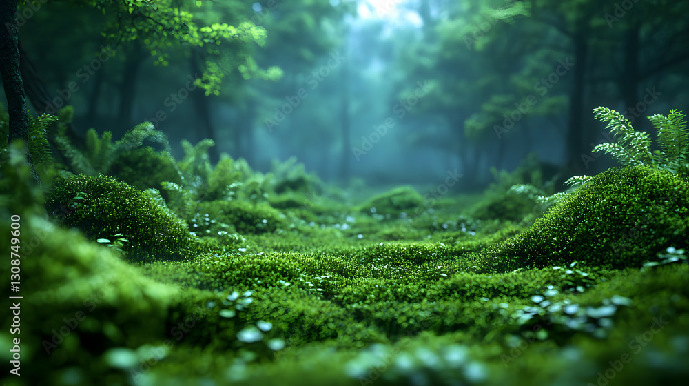 Enchanted Forest: A mystical, moss-covered forest floor, bathed in an ethereal light and shrouded in mist, creating a dreamy and captivating landscape