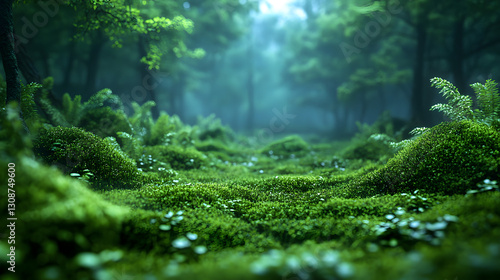 Obraz na płótnie Enchanted Forest: A mystical, moss-covered forest floor, bathed in an ethereal light and shrouded in mist, creating a dreamy and captivating landscape w salonie