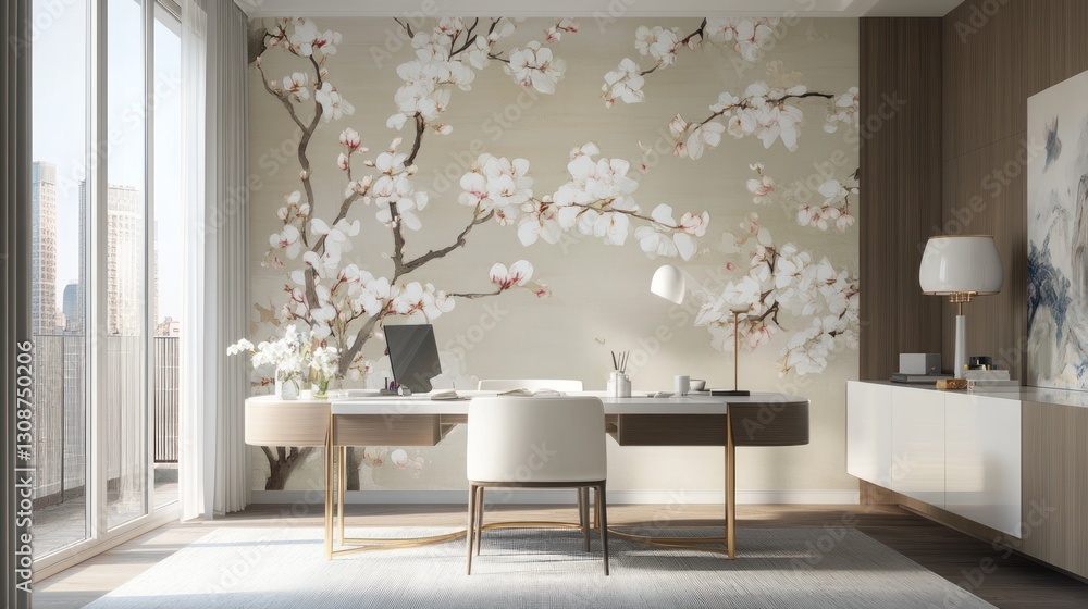 Modern office with floral wall art, city view Modern office with floral wall art, city view