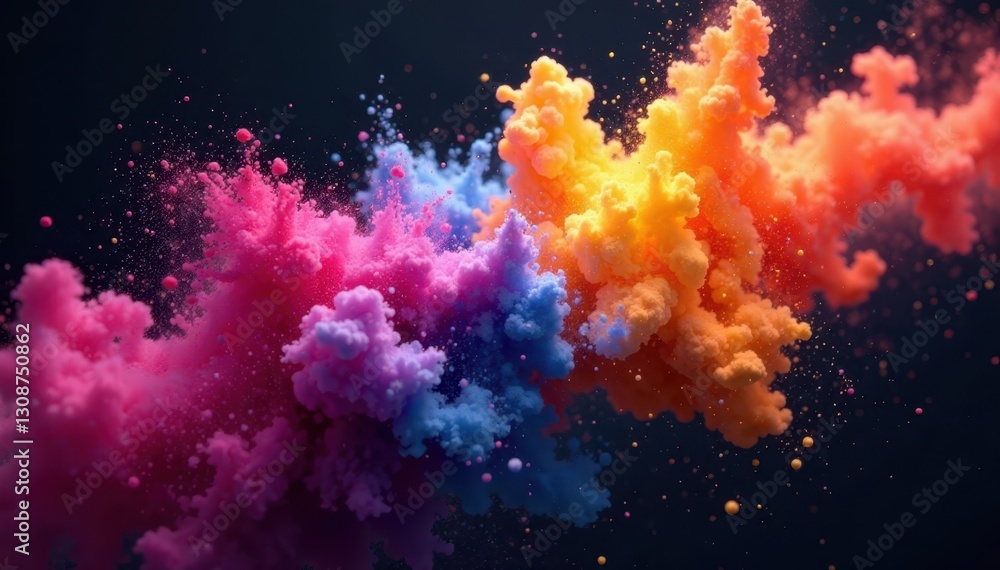 Multicolored powder cloud explodes, stark contrast, motion, powder Multicolored powder cloud explodes, stark contrast, motion, powder