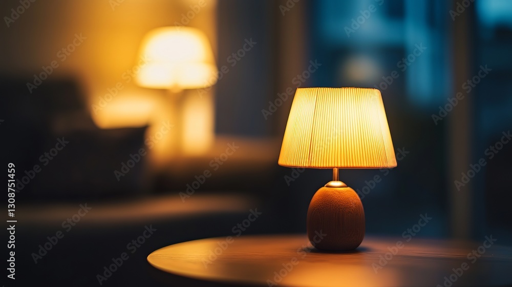 A stylish night lamp emits a warm glow on a table in a dimly lit room, with space for text A stylish night lamp emits a warm glow on a table in a dimly lit room, with space for text