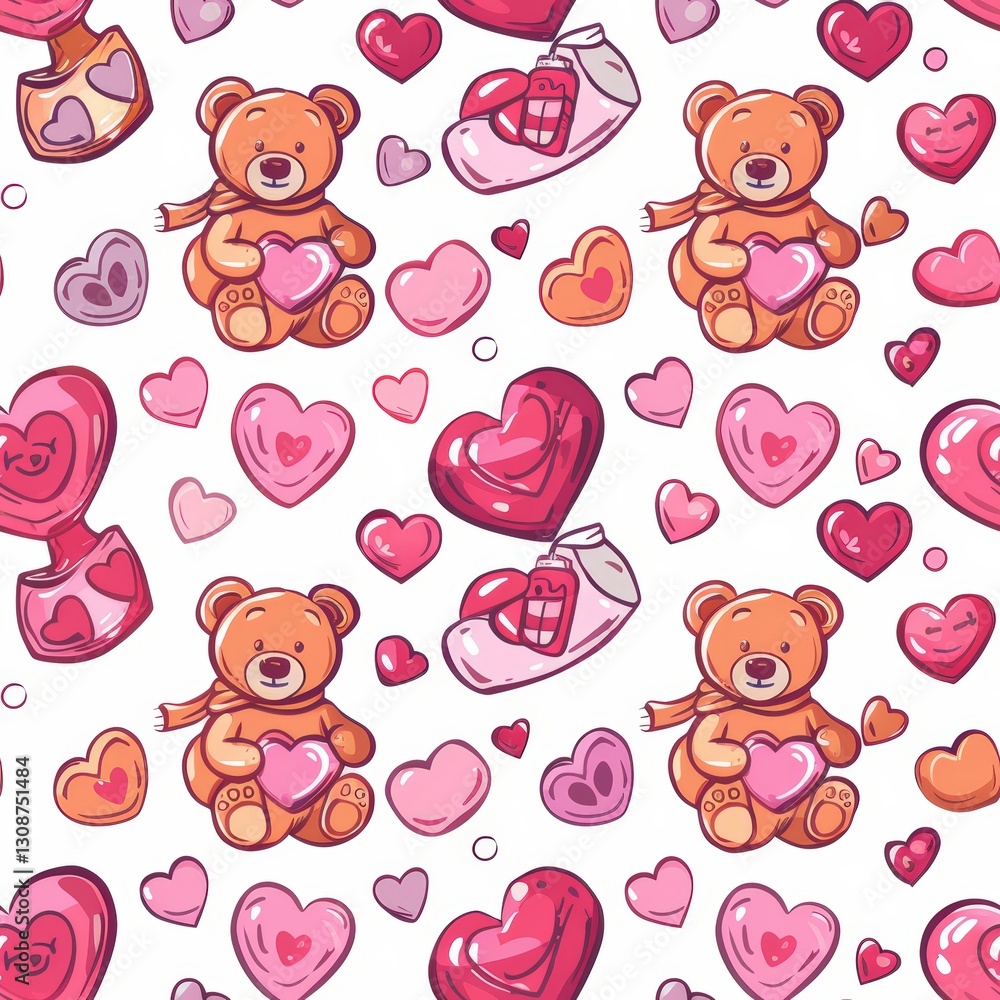 A charming seamless pattern featuring adorable teddy bears holding hearts, love letters, and various heart-shaped elements A charming seamless pattern featuring adorable teddy bears holding hearts, love letters, and various heart-shaped elements