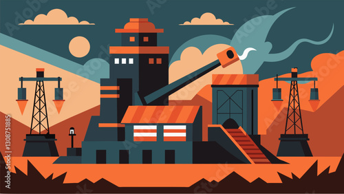 The sound of clanging metal and pounding hammers can be heard from the nearby coal processing plant.. Vector illustration
