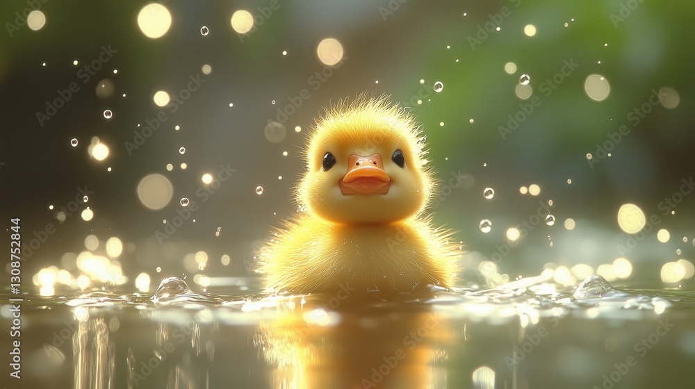 Yellow duckling splashes joyfully in serene water surrounded by soft golden lights during a warm afternoon Yellow duckling splashes joyfully in serene water surrounded by soft golden lights during a warm afternoon