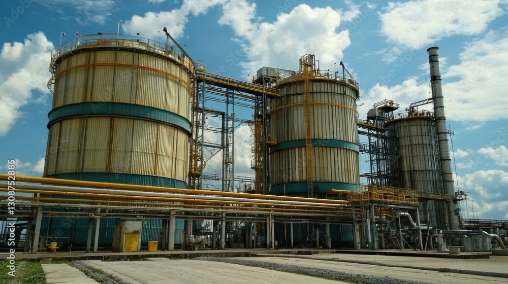 Large industrial plant structures with pipes and tanks under a sky Large industrial plant structures with pipes and tanks under a sky