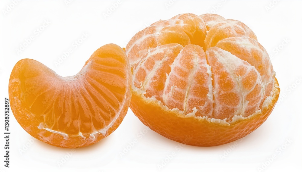 Fresh whole tangerine with peeled segments, isolated on a white background. Perfect for food packaging, healthy lifestyle visuals, and citrus-themed product designs. Fresh whole tangerine with peeled segments, isolated on a white background. Perfect for food packaging, healthy lifestyle visuals, and citrus-themed product designs.