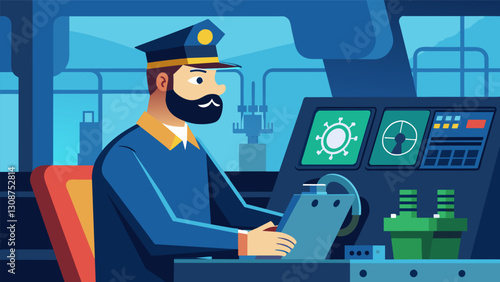 The ships engineer monitors the marine diesel engine closely making sure to keep it running at optimal performance.. Vector illustration