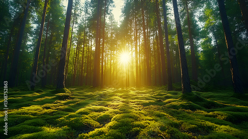 Sunlit Forest Canopy: A breathtaking view of tall trees in a lush forest, with the sun shining brightly through the canopy, painting the scene in a warm, golden light.