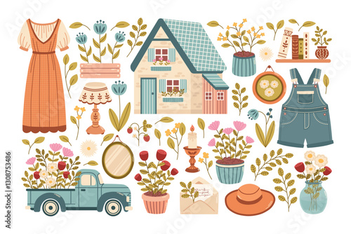 Delicate gentle cottagecore collection with summer house elements, clothing, vintage interior elements, decor, flower pots, beds, botanical elements. Vector illustration.  
