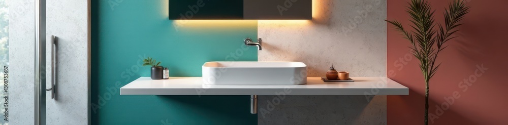 Floating console sink, geometric lines, chrome accents , chrome, clean lines Floating console sink, geometric lines, chrome accents , chrome, clean lines