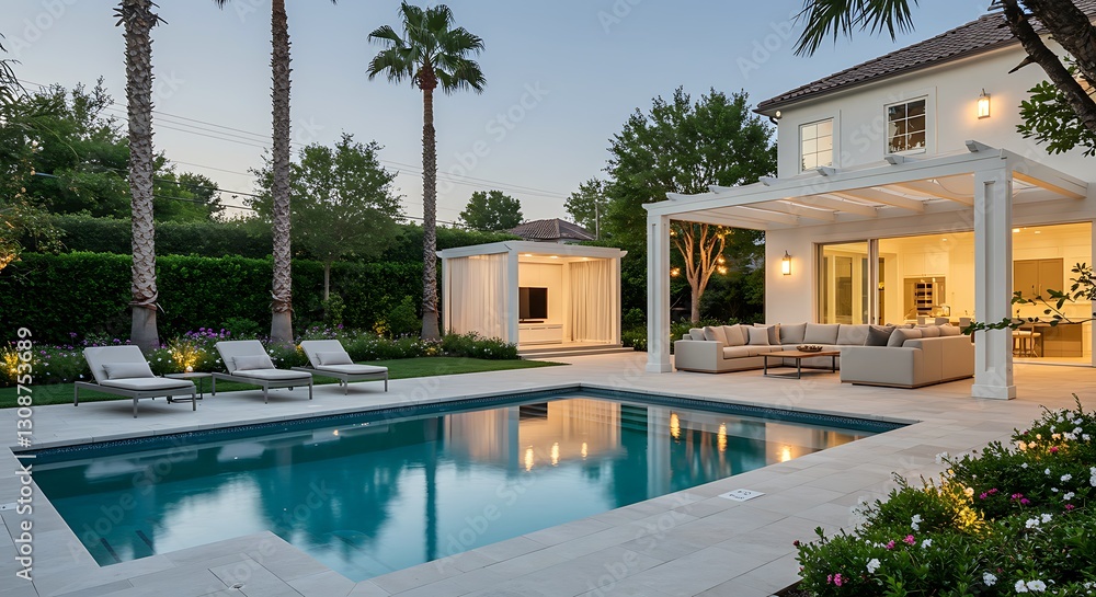 Fototapeta premium Evening Tranquility: Backyard Pool and Patio Oasis AI Generated