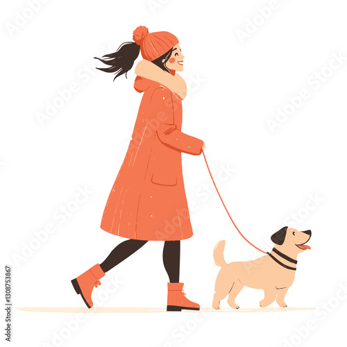 young woman in winter outfit with dog isolated vector illustration