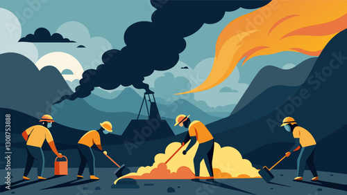Thick clouds of dust swirling around a group of miners using specialized equipment to extract the last remnants of coal from a depleted seam.. Vector illustration