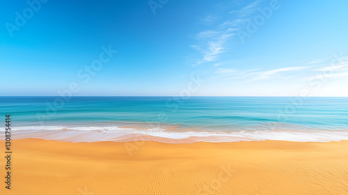 serene beach scene featuring golden sand dunes and calm turquoise waters under clear blue sky, evoking sense of tranquility and relaxation