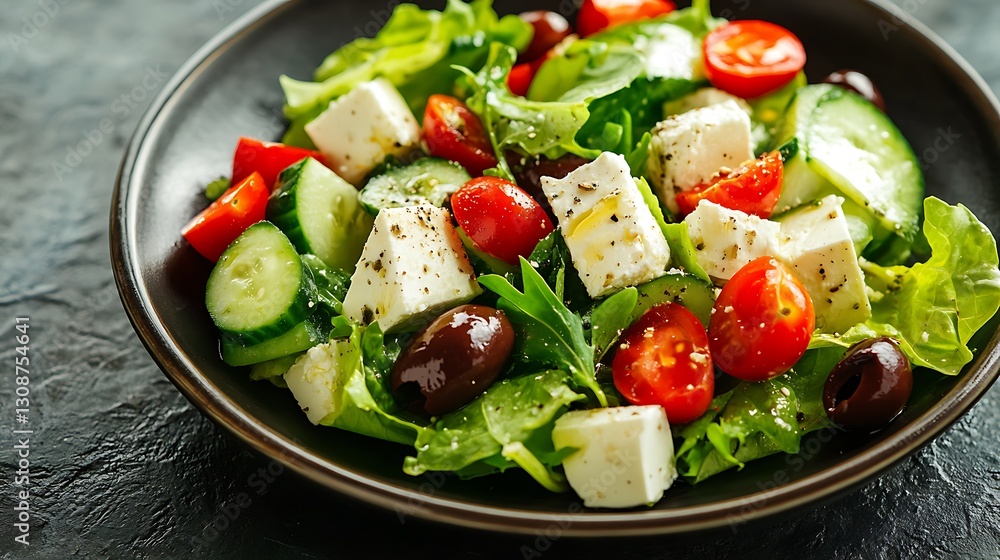 Eating Fresh Salad with Feta, Olives, and Tomatoes Healthy Lunch Eating Fresh Salad with Feta, Olives, and Tomatoes Healthy Lunch