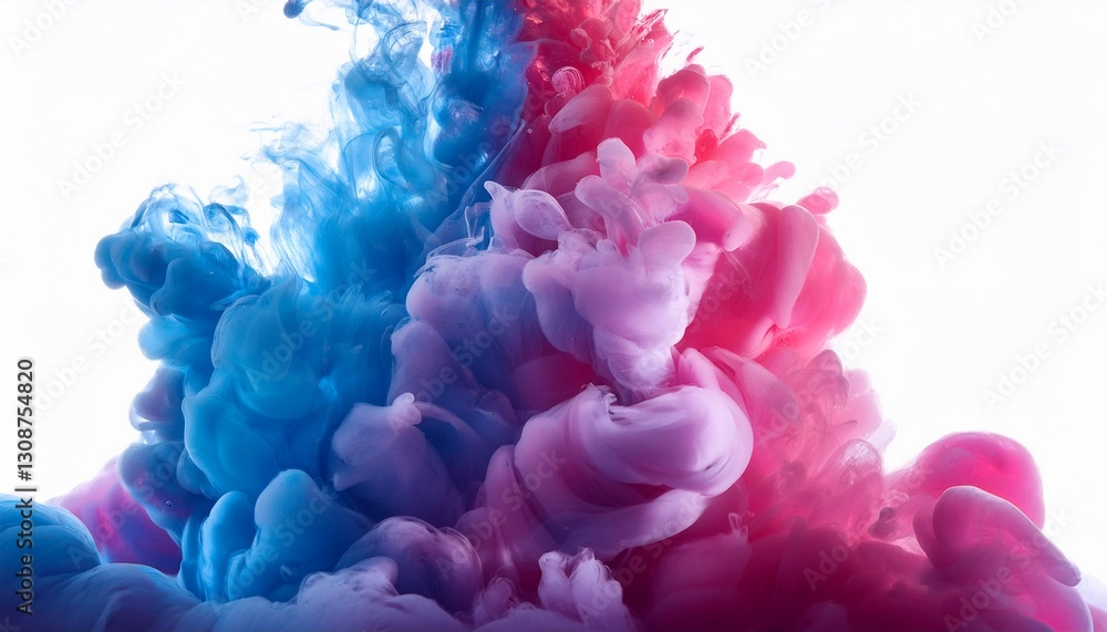 Obraz premium Smoke and ink diffusion in water, with vibrant pinks and blues blending in an abstract, fluid motion. The colors swirl together, creating a mesmerizing and dynamic visual effect. 