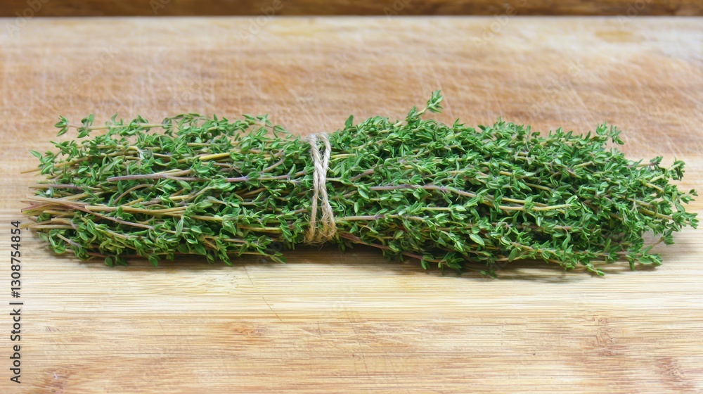 Fresh thyme bunch tied with twine on wood. Fresh thyme bunch tied with twine on wood.