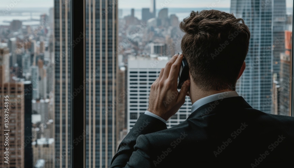 Professional on a phone call in a hotel room with a city view, through the window, balancing work and travel in a modern, connected setting Professional on a phone call in a hotel room with a city view, through the window, balancing work and travel in a modern, connected setting