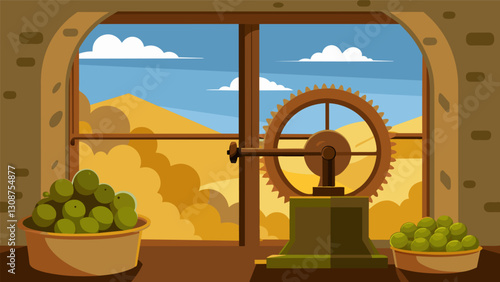 Through a dusty window of an old farmhouse the gleaming bronze gears of a traditional oil press could be seen relentlessly crushing olives into a rich. Vector illustration