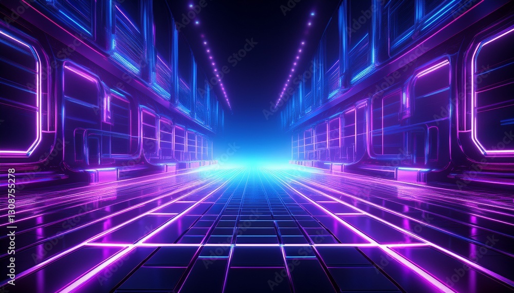 Fototapeta premium A sci-fi inspired neon grid with deep purples and glowing blue highlights, evoking a futuristic cyberpunk aesthetic. The grid pattern pulses with energy, creating a vibrant and dynamic atmosphere. 