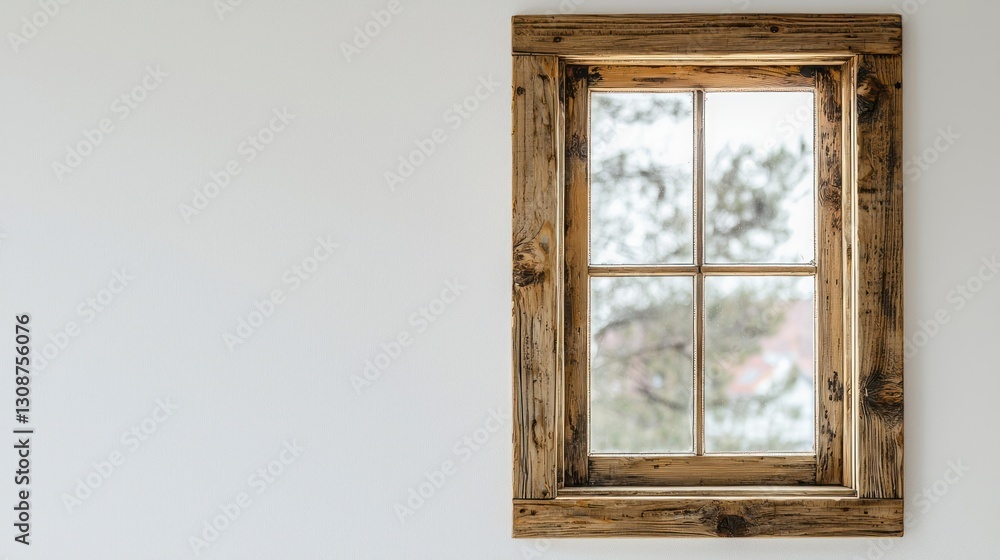 Fototapeta premium Rustic wooden window frame on white wall.