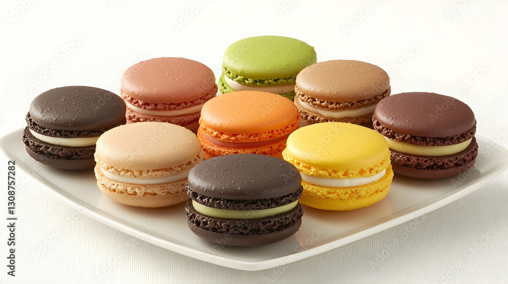 Colorful macarons arranged on a white square plate against a plain backdrop, ideal for food blogs or menus Colorful macarons arranged on a white square plate against a plain backdrop, ideal for food blogs or menus