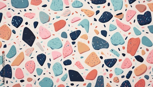 A minimalist terrazzo pattern featuring pastel-colored stone fragments scattered across a clean white background, creating a soft, elegant, and modern design.
