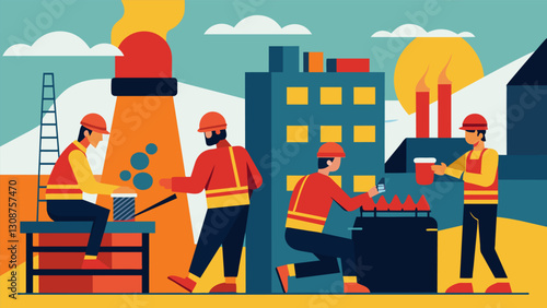 The workers at the coking plant move with practiced efficiency ensuring that the coal is heated and cooled to perfection.. Vector illustration