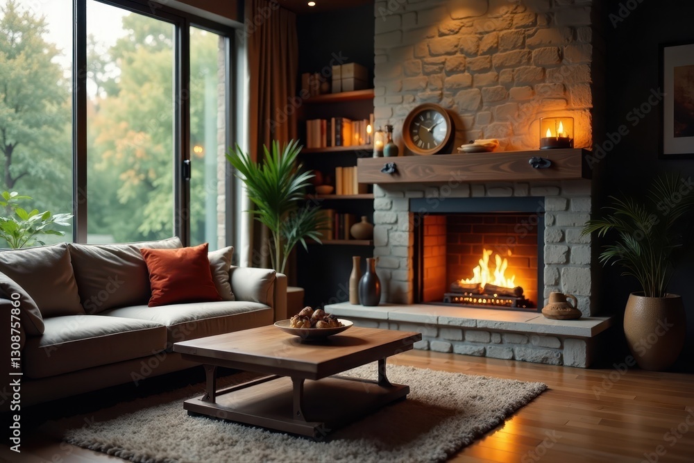 Fototapeta premium Cozy living room, gas fireplace glowing warmly, elegant, hearth