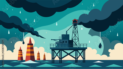 The violent winds and rain batter the rig platform relentlessly creating a deafening sound that can be heard for miles.. Vector illustration