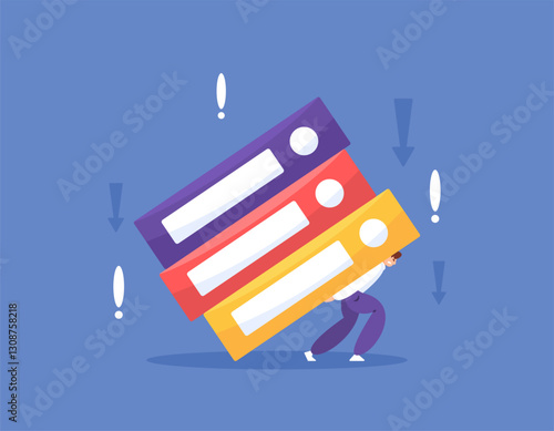 workload concept. too much and heavy work tasks and responsibilities. overwork, pressure, and problems. illustration of a worker or employee holding and carrying a file of documents. flat style design