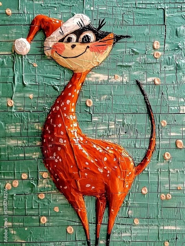 Whimsical artwork featuring an orange cat-like creature wearing a holiday hat against a textured green background. Winter-themed color palette.