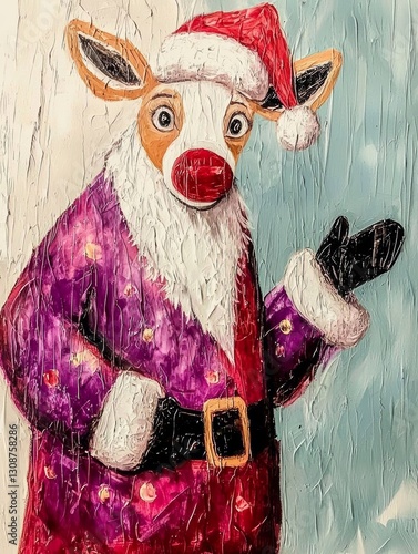 Festive cow art: Santa Claus dressed cow with red nose and holiday cheer, painted with thick brush strokes for a textured look.