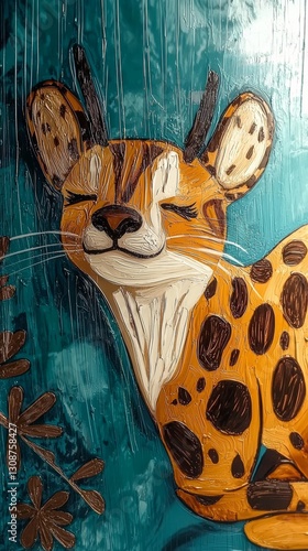 Whimsical wildlife art: stylized cat portrait with distinctive markings, serene expression against a textured teal backdrop.