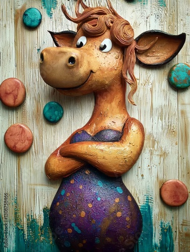 Whimsical three-dimensional painting of a smiling cow figure with crossed arms and a dotted dress, against a textured wood background.
