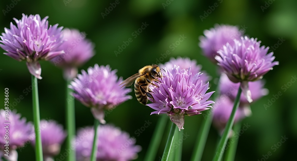 Bee Pollinating Chive Blossoms in a Summer Garden AI Generated Bee Pollinating Chive Blossoms in a Summer Garden AI Generated