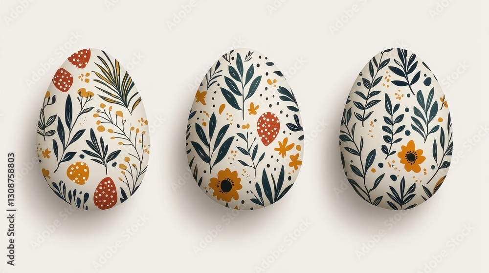 Three decorative eggs adorned with vibrant floral patterns, showcasing a blend of nature-inspired designs in rich colors on a light background. Three decorative eggs adorned with vibrant floral patterns, showcasing a blend of nature-inspired designs in rich colors on a light background.