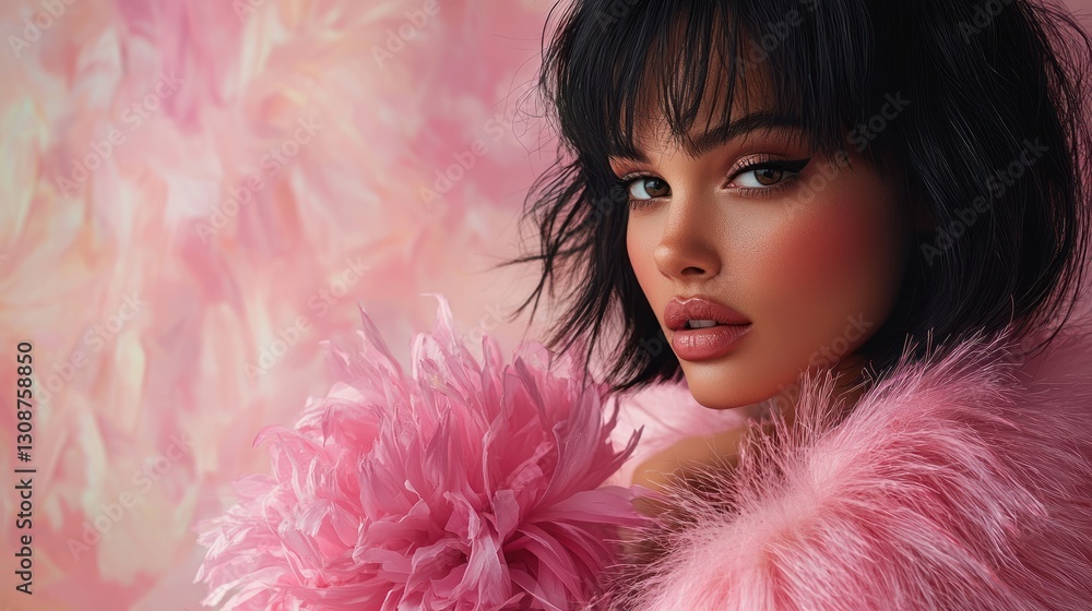 Beautiful Young Woman Posing With Pink Feathered Accessory Beautiful Young Woman Posing With Pink Feathered Accessory