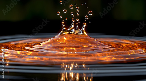 Liquid Crown: A captivating image showcases a precise moment of a liquid drop, forming a dynamic crown upon impact in a ripple-filled surface, creating a stunning spectacle.