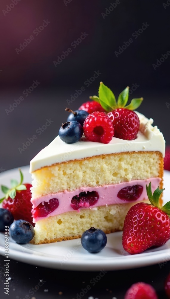 Luscious berry cake slice, fresh cream frosting, bakery, blueberry Luscious berry cake slice, fresh cream frosting, bakery, blueberry
