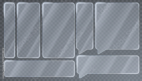 Set of Transparent Glass Plates: Realistic Window Mockups, Mirrors, Clear Showcase Panels, Acrylic Frames, and Glossy Textures for Creative Designs and Display Projects on Transparent Background