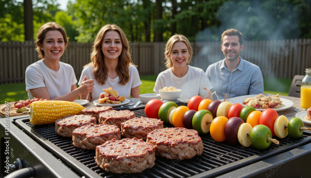 Lively outdoor barbecue with friends enjoying sizzling burgers and fresh vegetables in a sunlit backyard Lively outdoor barbecue with friends enjoying sizzling burgers and fresh vegetables in a sunlit backyard